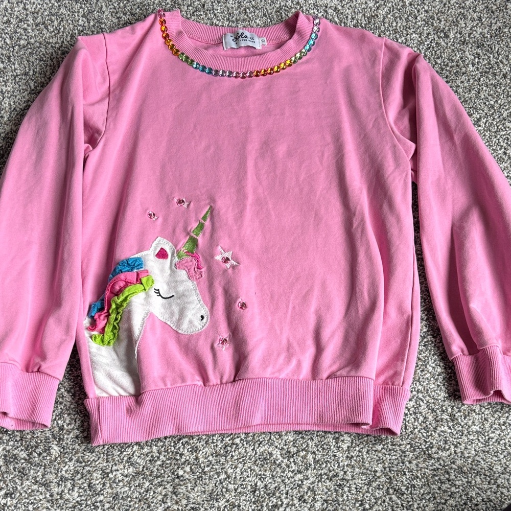 Lola + The Boys Pink Unicorn Applique Sweatshirt with Rainbow Trim